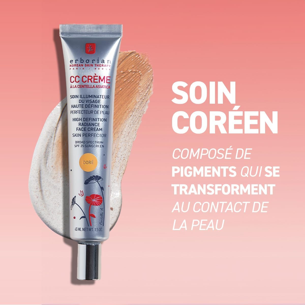 Erborian - CC Crème à la Centella Asiatica - Maquillage et Soin Illuminateur de Teint Haute Définition pour Visage - Protection Solaire SPF 25 - Soin Cosmétique Coréen