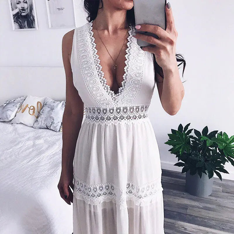 Robe Maxi en Dentelle à Col en V Profond et Sexy