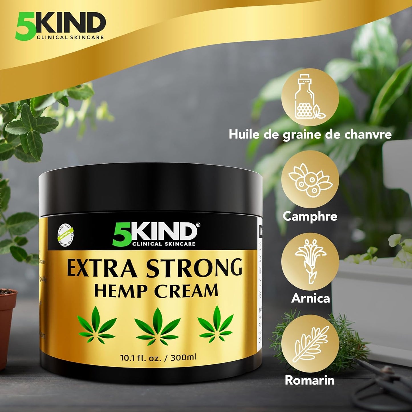 5kind Crème au chanvre ultra puissante 300ml - Huile de chanvre et arnica ultra puissantes - Pour les muscles, pieds, genoux, cou, épaules - Gel de massage riche en extraits naturels