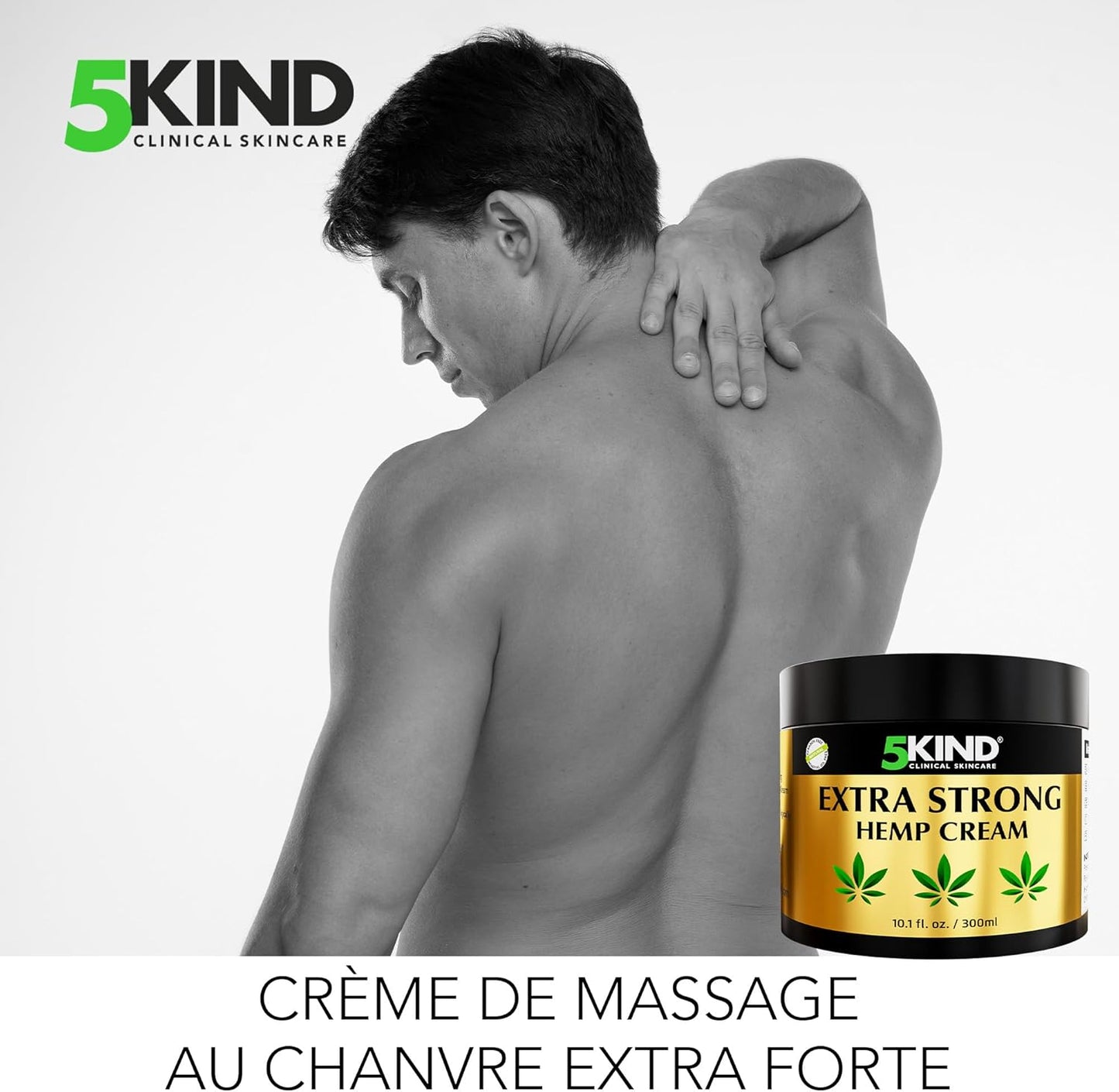 5kind Crème au chanvre ultra puissante 300ml - Huile de chanvre et arnica ultra puissantes - Pour les muscles, pieds, genoux, cou, épaules - Gel de massage riche en extraits naturels