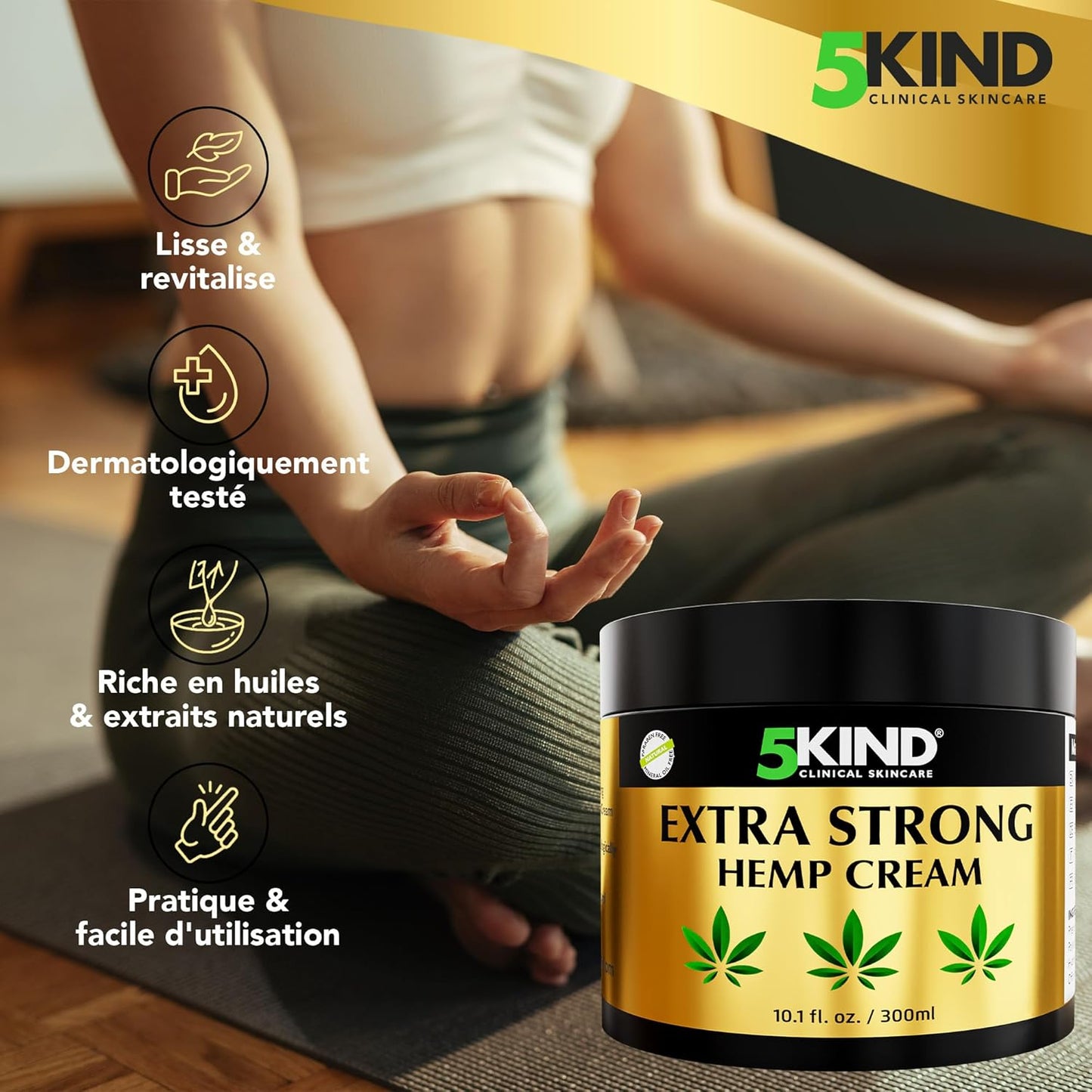 5kind Crème au chanvre ultra puissante 300ml - Huile de chanvre et arnica ultra puissantes - Pour les muscles, pieds, genoux, cou, épaules - Gel de massage riche en extraits naturels