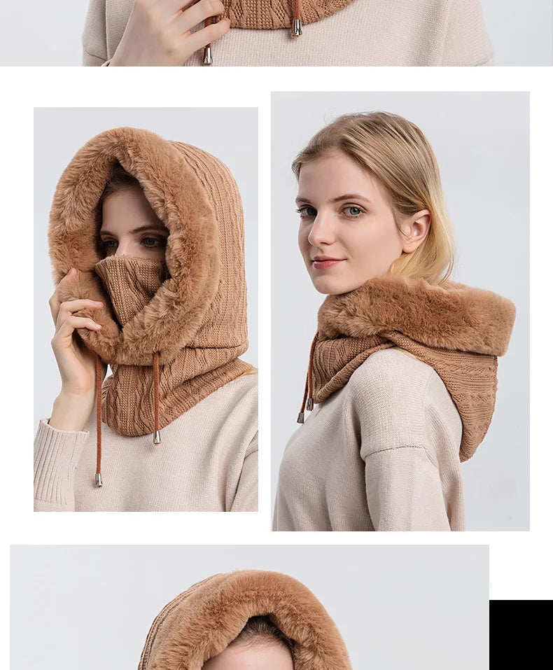 Ensemble cagoule à capuche avec masque en fourrure pour femme, bonnets moelleux en peluche, chapeau coupe-vent, bonnet de ski chaud, hiver