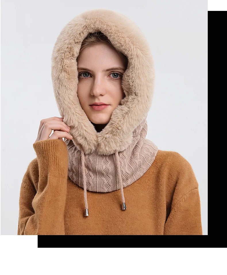 Ensemble cagoule à capuche avec masque en fourrure pour femme, bonnets moelleux en peluche, chapeau coupe-vent, bonnet de ski chaud, hiver