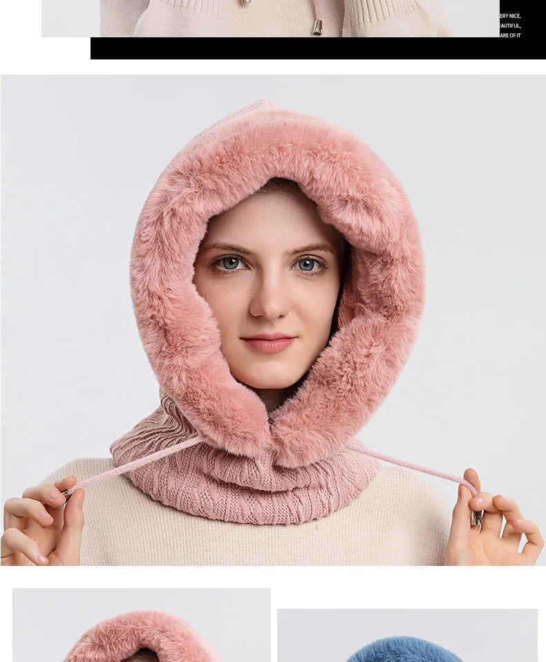 Ensemble cagoule à capuche avec masque en fourrure pour femme, bonnets moelleux en peluche, chapeau coupe-vent, bonnet de ski chaud, hiver