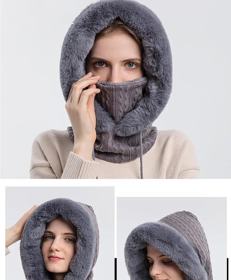 Ensemble cagoule à capuche avec masque en fourrure pour femme, bonnets moelleux en peluche, chapeau coupe-vent, bonnet de ski chaud, hiver