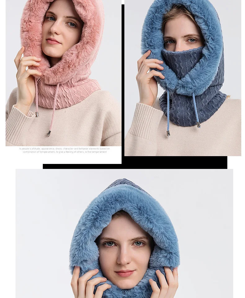 Ensemble cagoule à capuche avec masque en fourrure pour femme, bonnets moelleux en peluche, chapeau coupe-vent, bonnet de ski chaud, hiver