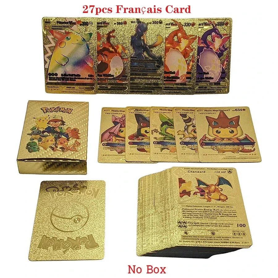 Cartes Pokémon couleur feuille d'or, cartes VMAX GX, anglais, français, espagnol, allemand, Pikachu, Charizard, Arc192., cadeau, 27-110 pièces