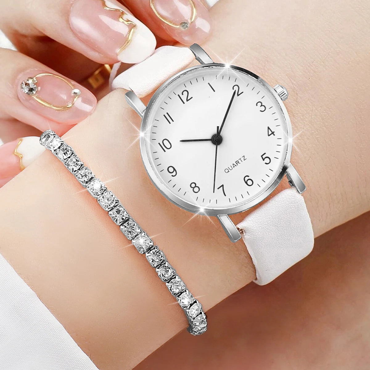 Montre à quartz analogique avec bracelet en cuir pour femme, bijoux en diamant, sans boîte, mode, ensemble de 6 pièces