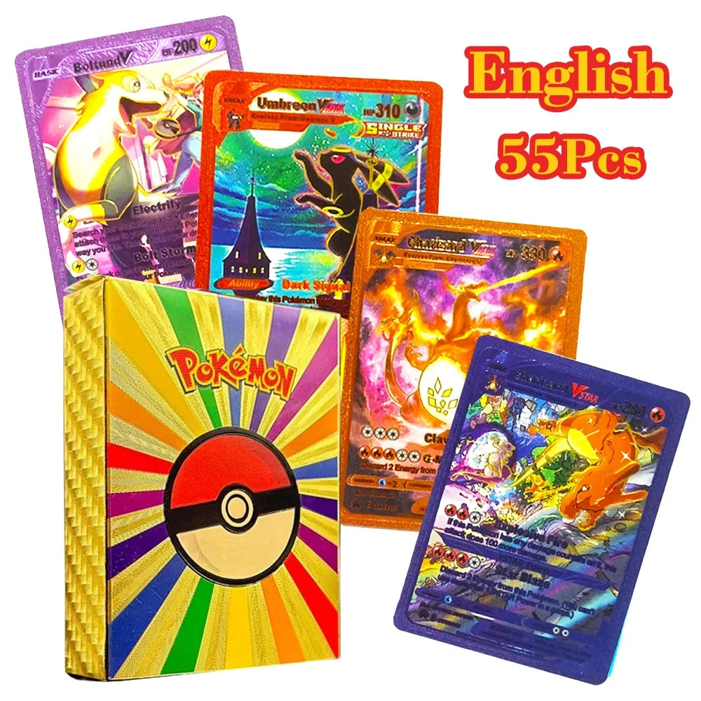 Cartes Pokémon couleur feuille d'or, cartes VMAX GX, anglais, français, espagnol, allemand, Pikachu, Charizard, Arc192., cadeau, 27-110 pièces