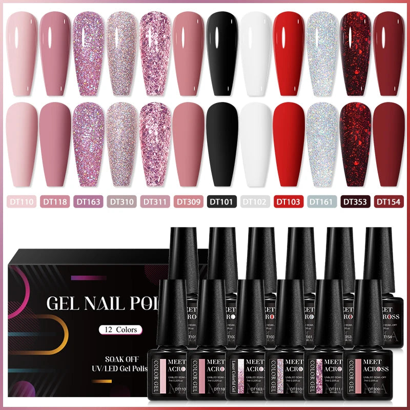 MEET ACROSS-Kit de vernis à ongles gel UV semi-continu, vernis à ongles avec boîte, vernis à tremper, manucure, 7ml, 12 pièces par ensemble