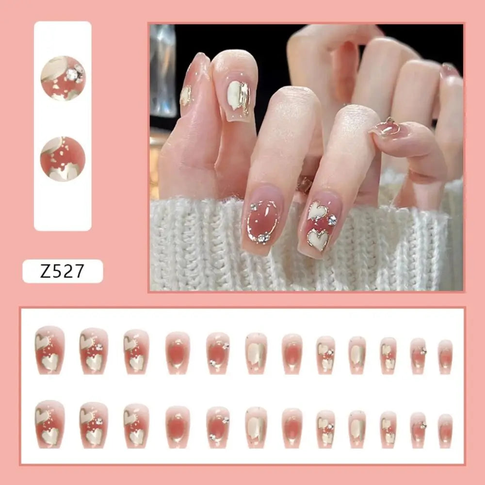 24Pcs Press On Nails Wearable Fake Nails Pink Gradient Glitter Butterfly Rhinestones False Nail Full Cover Acrylic Nail Tips