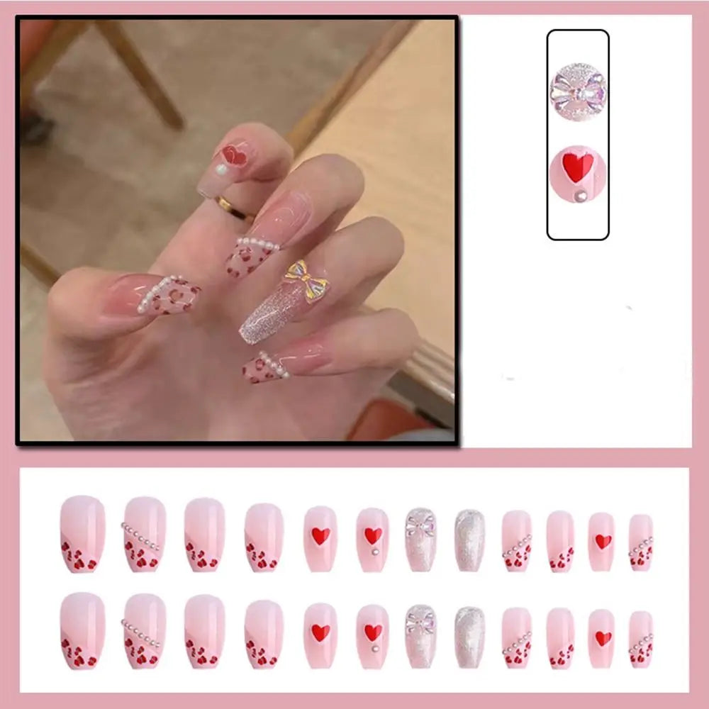 24Pcs Press On Nails Wearable Fake Nails Pink Gradient Glitter Butterfly Rhinestones False Nail Full Cover Acrylic Nail Tips