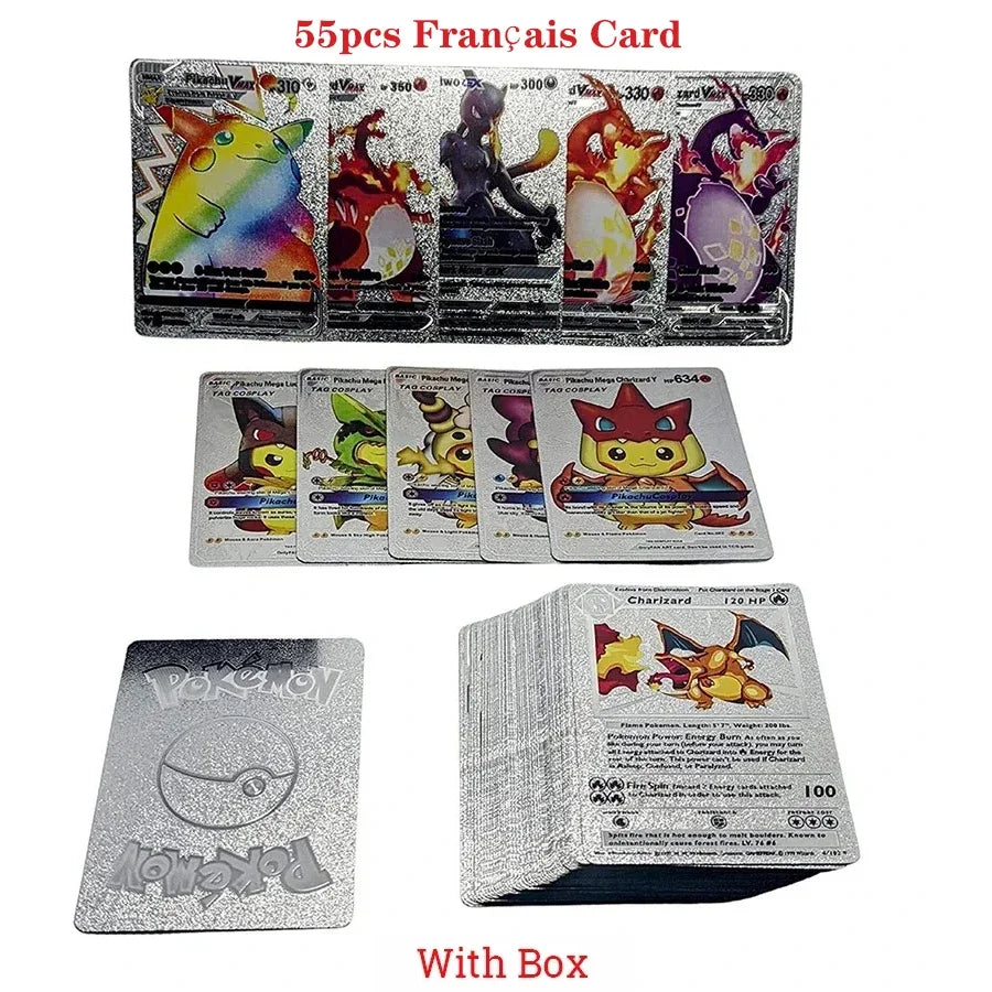 Cartes Pokémon couleur feuille d'or, cartes VMAX GX, anglais, français, espagnol, allemand, Pikachu, Charizard, Arc192., cadeau, 27-110 pièces