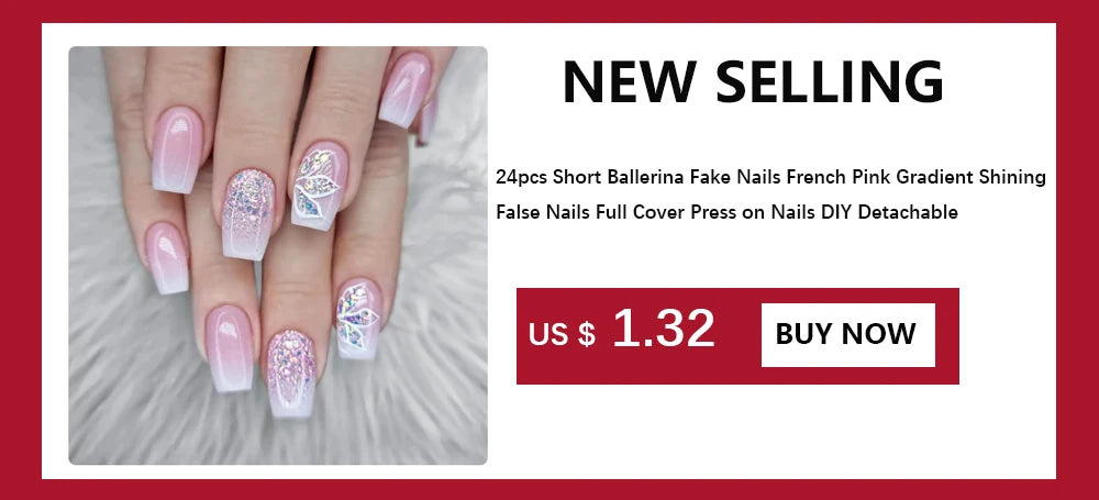 24Pcs Press On Nails Wearable Fake Nails Pink Gradient Glitter Butterfly Rhinestones False Nail Full Cover Acrylic Nail Tips