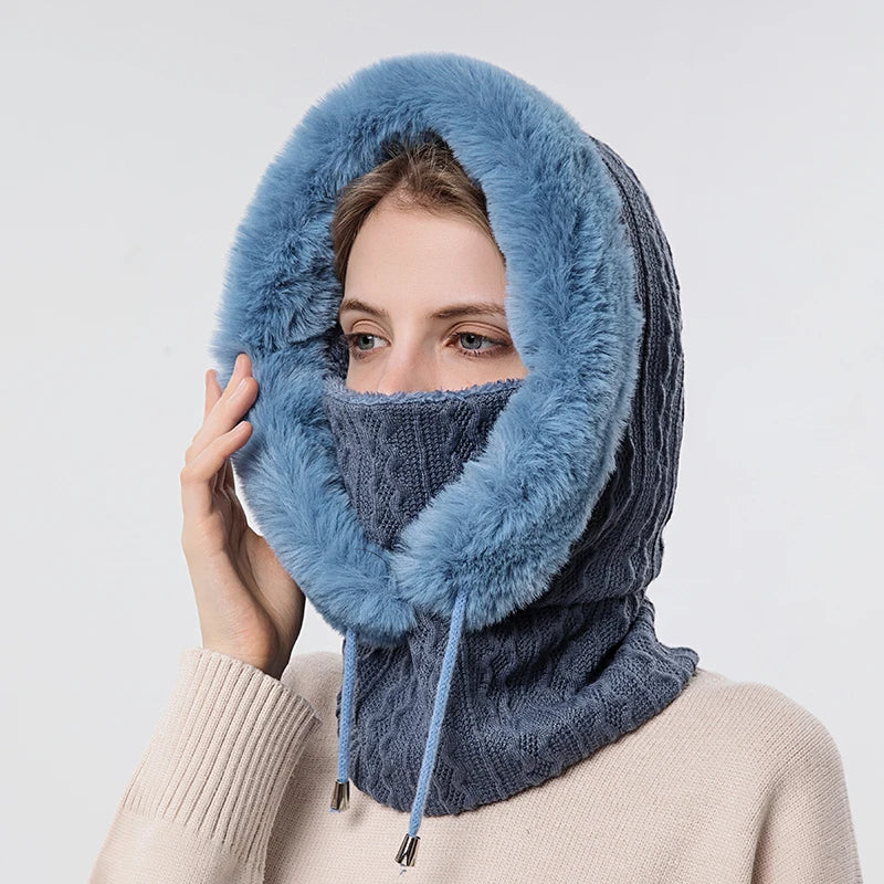 Ensemble cagoule à capuche avec masque en fourrure pour femme, bonnets moelleux en peluche, chapeau coupe-vent, bonnet de ski chaud, hiver