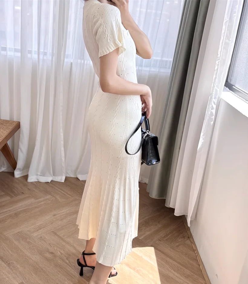 Robe Blanche Ajourée à Manches Courtes pour Femme, Tenue de Soirée Élégante et Slim, Été 2024, 5240125