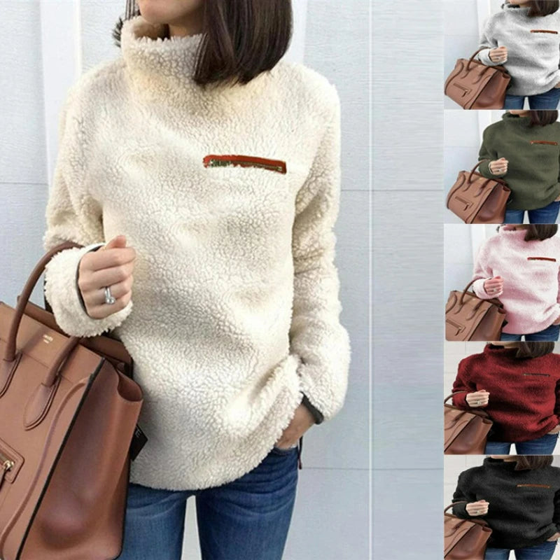 Pull à col roulé pour femme avec fermeture éclair, pull super doux et confortable, haut sexy pour femme, vêtements hipster monochromes, mode hivernale