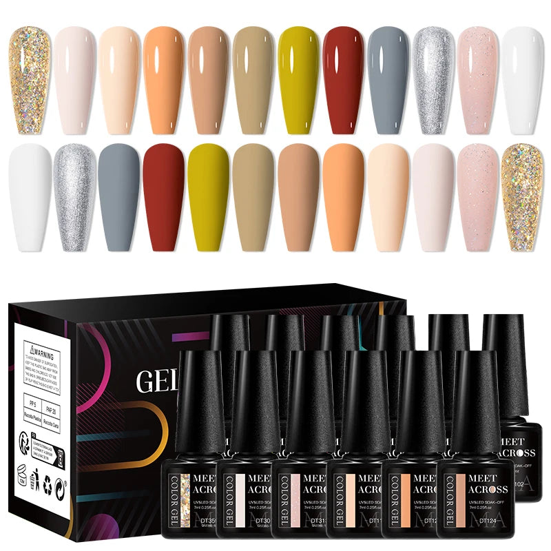 MEET ACROSS-Kit de vernis à ongles gel UV semi-continu, vernis à ongles avec boîte, vernis à tremper, manucure, 7ml, 12 pièces par ensemble