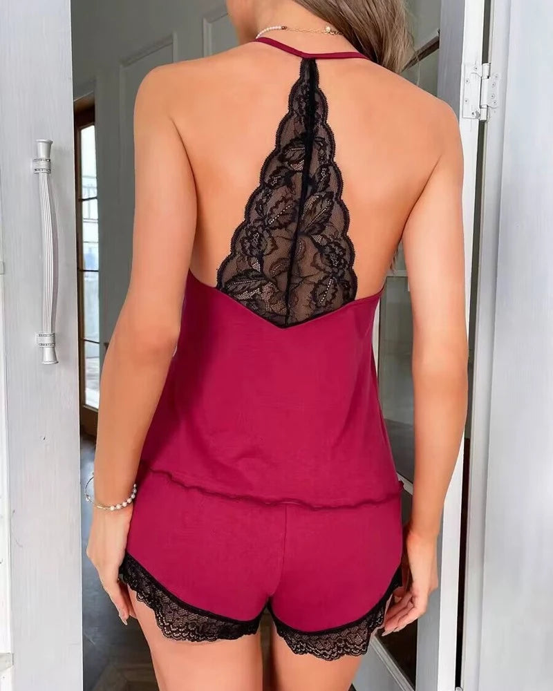 Femmes Crochet dentelle pyjamas sans manches col en v ensemble décontracté tenue quotidienne 2 pièces vêtements de nuit costume Sexy solide maison vêtements été 2023