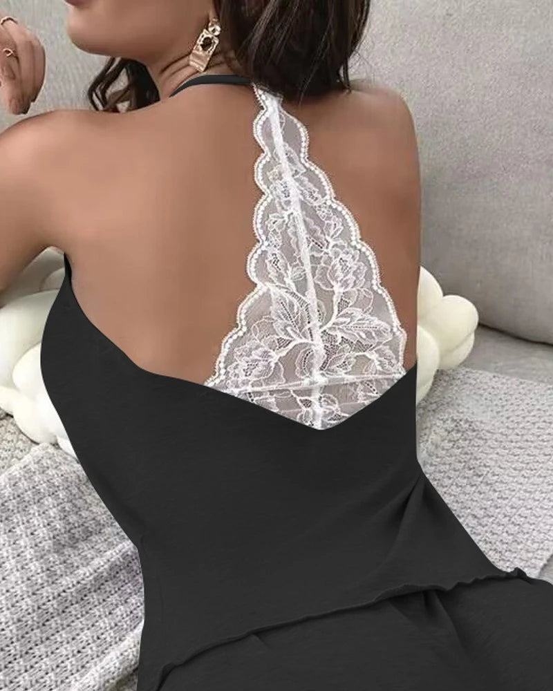 Femmes Crochet dentelle pyjamas sans manches col en v ensemble décontracté tenue quotidienne 2 pièces vêtements de nuit costume Sexy solide maison vêtements été 2023