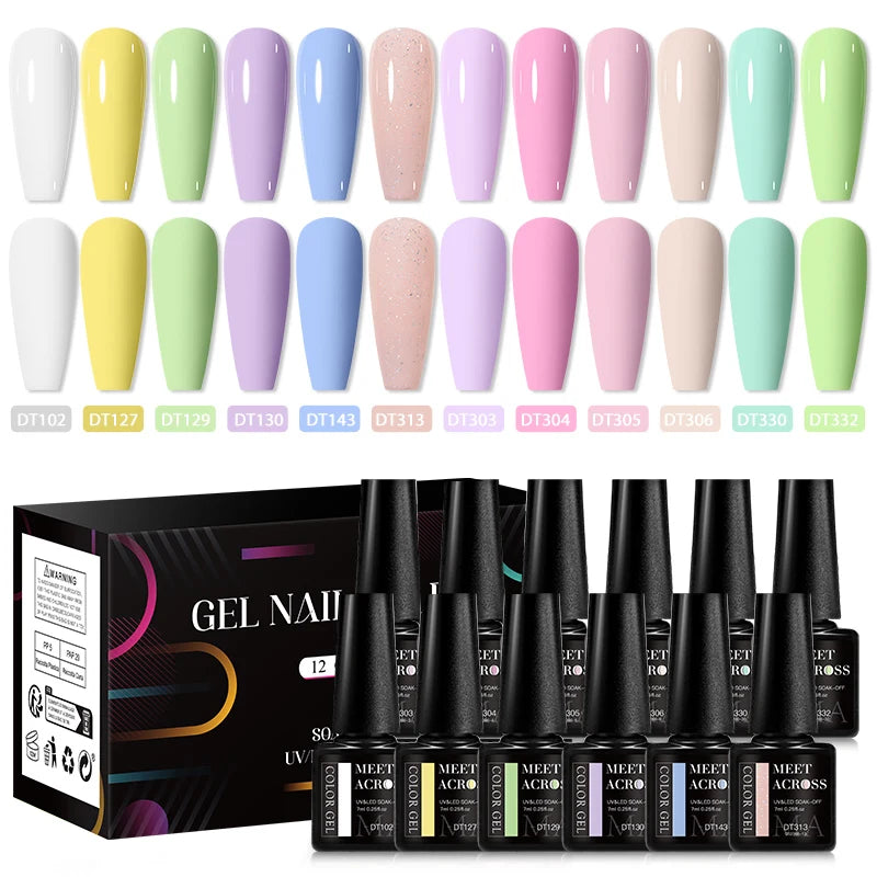 MEET ACROSS-Kit de vernis à ongles gel UV semi-continu, vernis à ongles avec boîte, vernis à tremper, manucure, 7ml, 12 pièces par ensemble