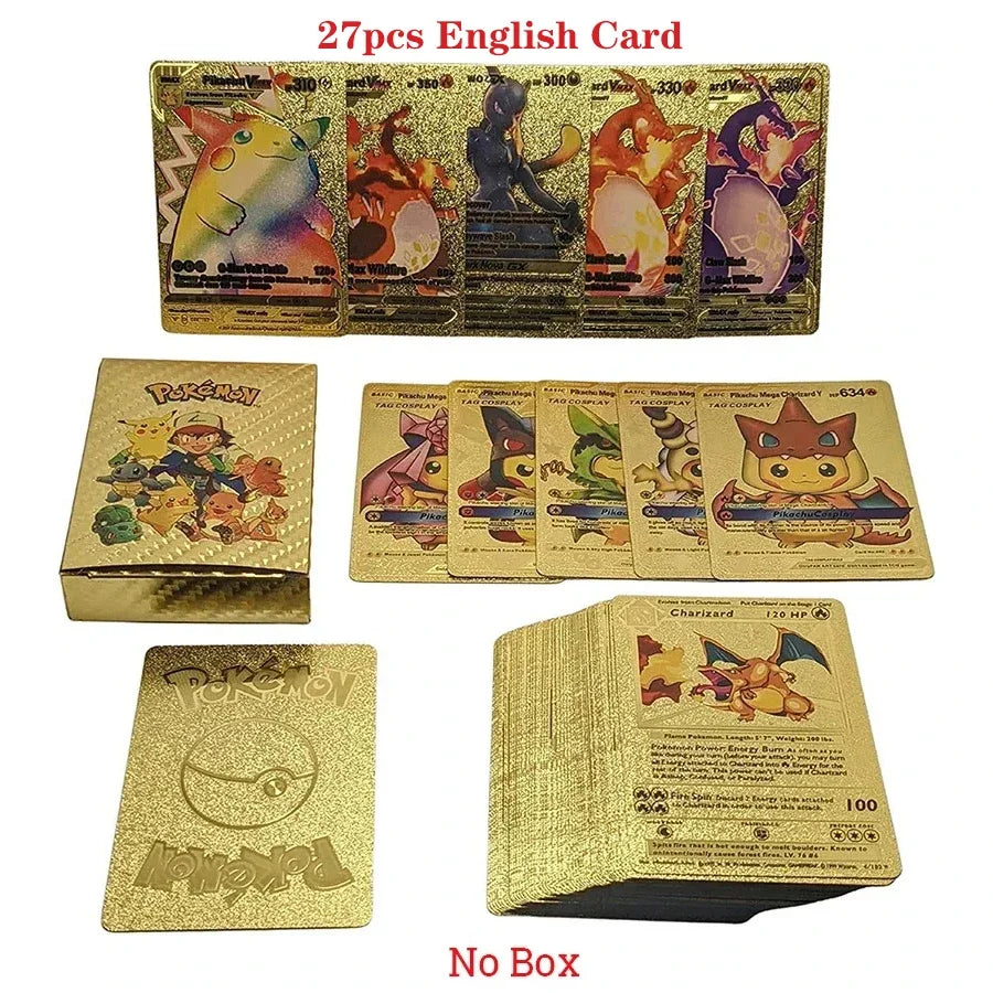 Cartes Pokémon couleur feuille d'or, cartes VMAX GX, anglais, français, espagnol, allemand, Pikachu, Charizard, Arc192., cadeau, 27-110 pièces