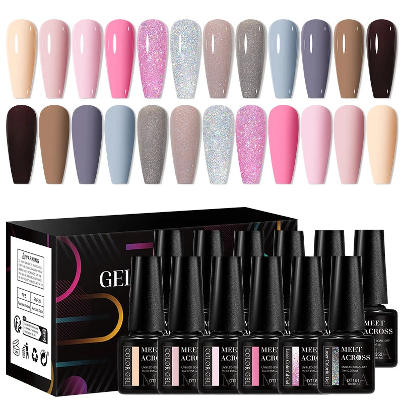 MEET ACROSS-Kit de vernis à ongles gel UV semi-continu, vernis à ongles avec boîte, vernis à tremper, manucure, 7ml, 12 pièces par ensemble