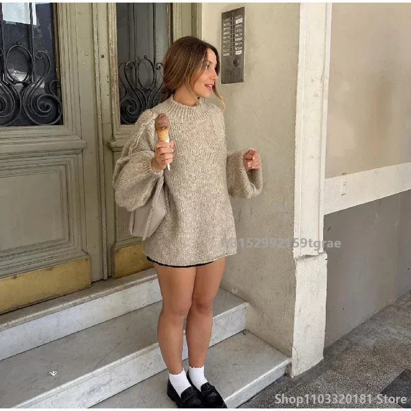 Pull Vintage à Manches sulfet Col Rond pour Femme, Streetwear, Chic, à la Mode, Automne et Hiver