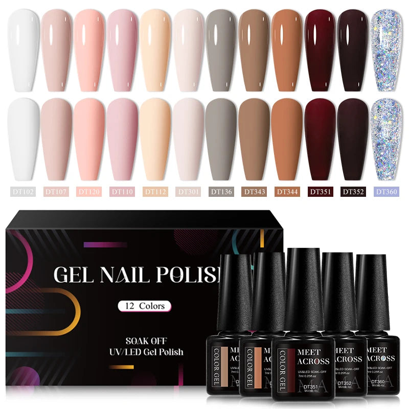 MEET ACROSS-Kit de vernis à ongles gel UV semi-continu, vernis à ongles avec boîte, vernis à tremper, manucure, 7ml, 12 pièces par ensemble