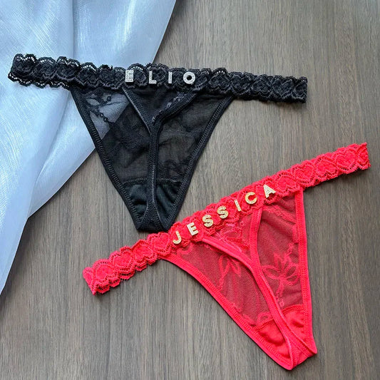 String en dentelle avec nom personnalisé, culotte de bikini avec lettre en cristal, string, slip taille basse, bijoux de corps sexy, cadeau chaud pour femme