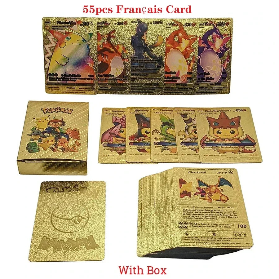 Cartes Pokémon couleur feuille d'or, cartes VMAX GX, anglais, français, espagnol, allemand, Pikachu, Charizard, Arc192., cadeau, 27-110 pièces