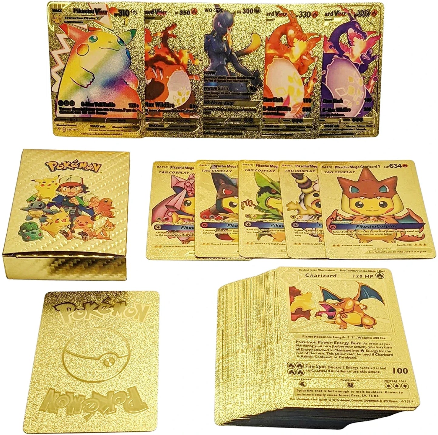 Cartes Pokémon couleur feuille d'or, cartes VMAX GX, anglais, français, espagnol, allemand, Pikachu, Charizard, Arc192., cadeau, 27-110 pièces