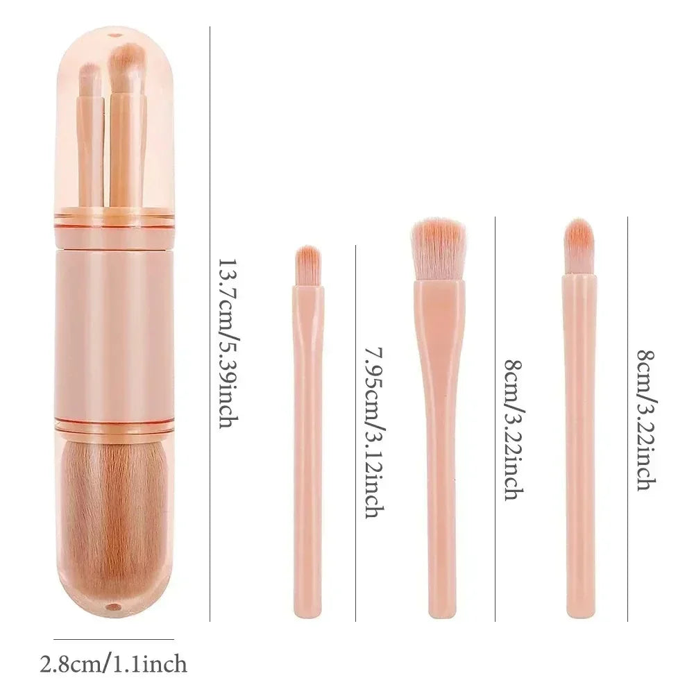 Ensemble de pinceaux de maquillage de voyage, 4 en 1, brosse Kabuki rétractable et 3 petits pinceaux pour les yeux, doux, petit, portable pour la retouche