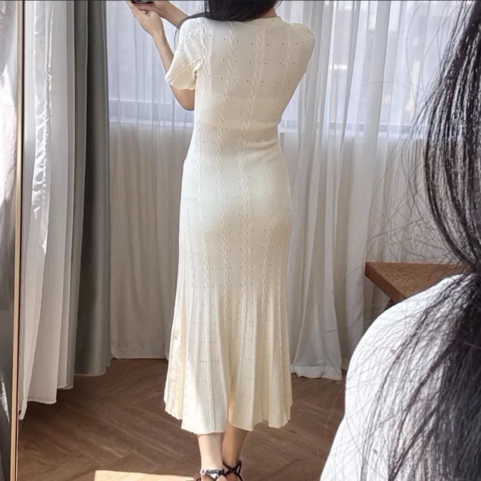 Robe Blanche Ajourée à Manches Courtes pour Femme, Tenue de Soirée Élégante et Slim, Été 2024, 5240125