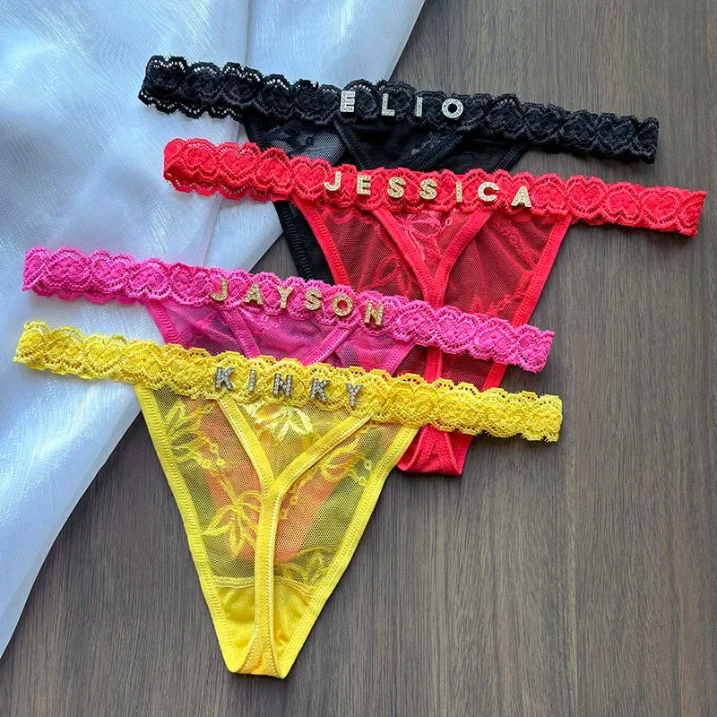 String en dentelle avec nom personnalisé, culotte de bikini avec lettre en cristal, string, slip taille basse, bijoux de corps sexy, cadeau chaud pour femme