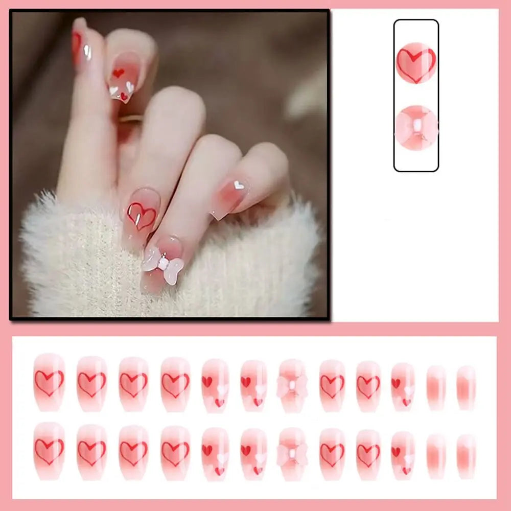 24Pcs Press On Nails Wearable Fake Nails Pink Gradient Glitter Butterfly Rhinestones False Nail Full Cover Acrylic Nail Tips