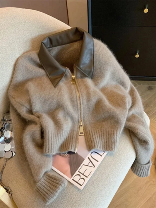 Pull en tricot à col en cuir épissé pour femme, cardigan à double fermeture éclair, manches longues, streetwear vintage doux, mode automne et hiver, nouveau