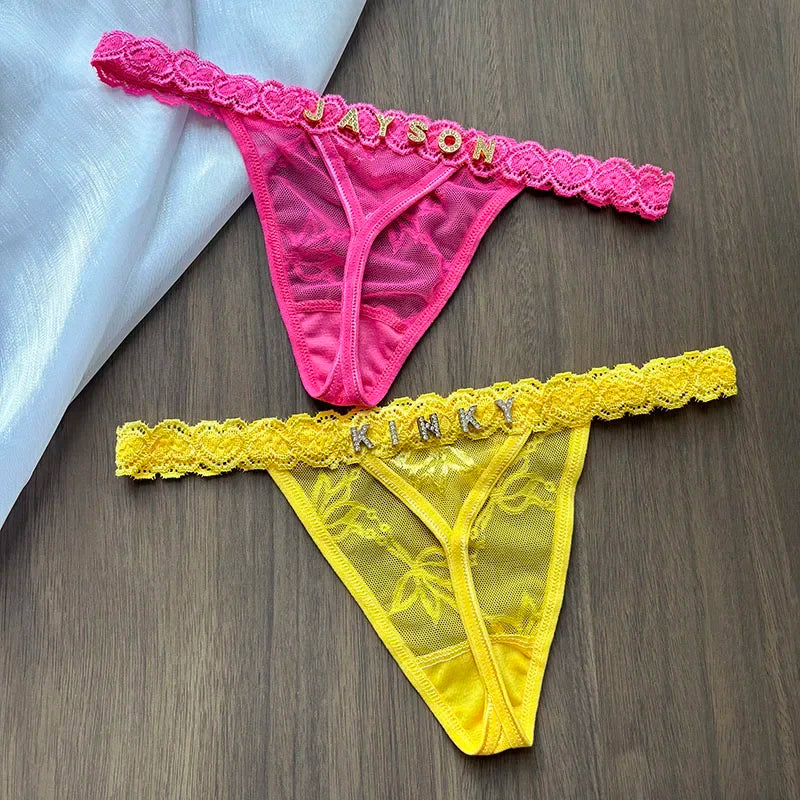 String en dentelle avec nom personnalisé, culotte de bikini avec lettre en cristal, string, slip taille basse, bijoux de corps sexy, cadeau chaud pour femme