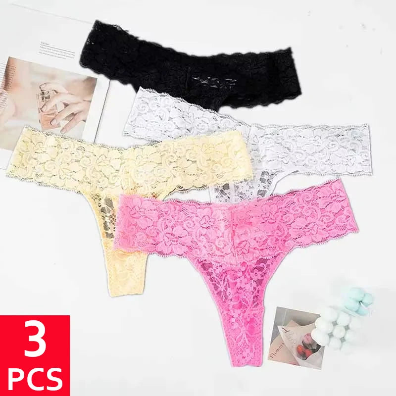 Culotte en dentelle florale pour femme, culotte taille basse, slip respirant, sous-vêtement string féminin, culotte transparente G-String sexy, M-2XL solide, 3 pièces