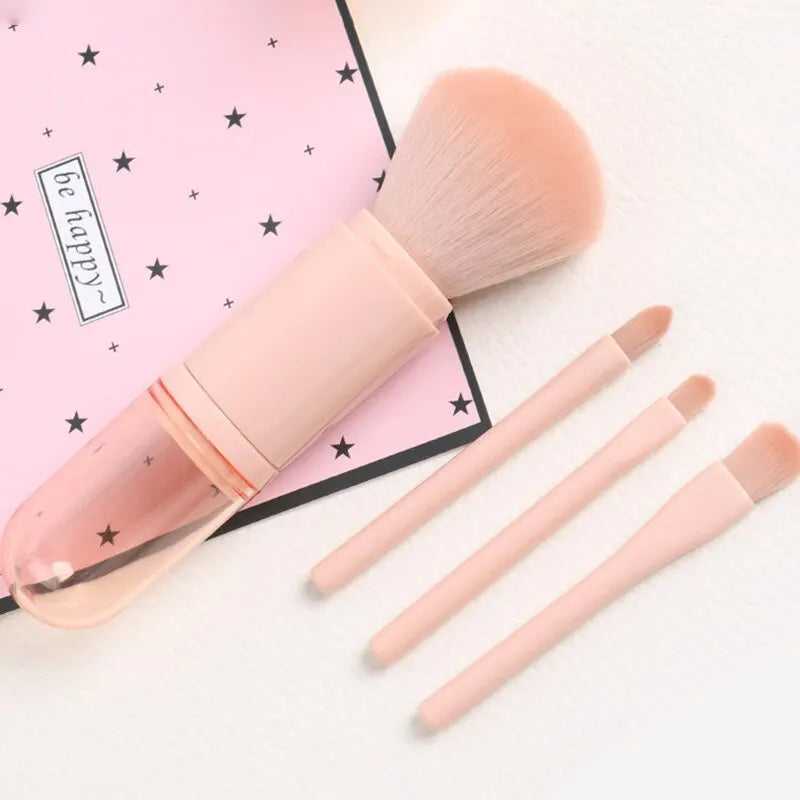 Ensemble de pinceaux de maquillage de voyage, 4 en 1, brosse Kabuki rétractable et 3 petits pinceaux pour les yeux, doux, petit, portable pour la retouche