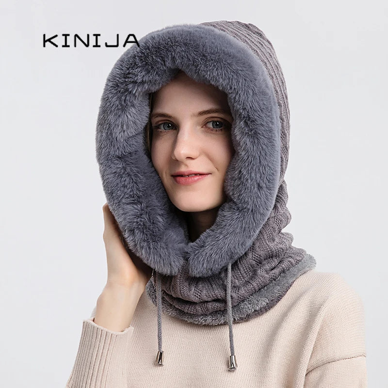 Ensemble cagoule à capuche avec masque en fourrure pour femme, bonnets moelleux en peluche, chapeau coupe-vent, bonnet de ski chaud, hiver