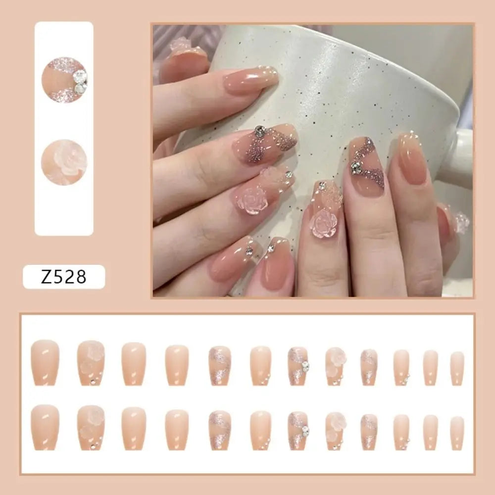 24Pcs Press On Nails Wearable Fake Nails Pink Gradient Glitter Butterfly Rhinestones False Nail Full Cover Acrylic Nail Tips