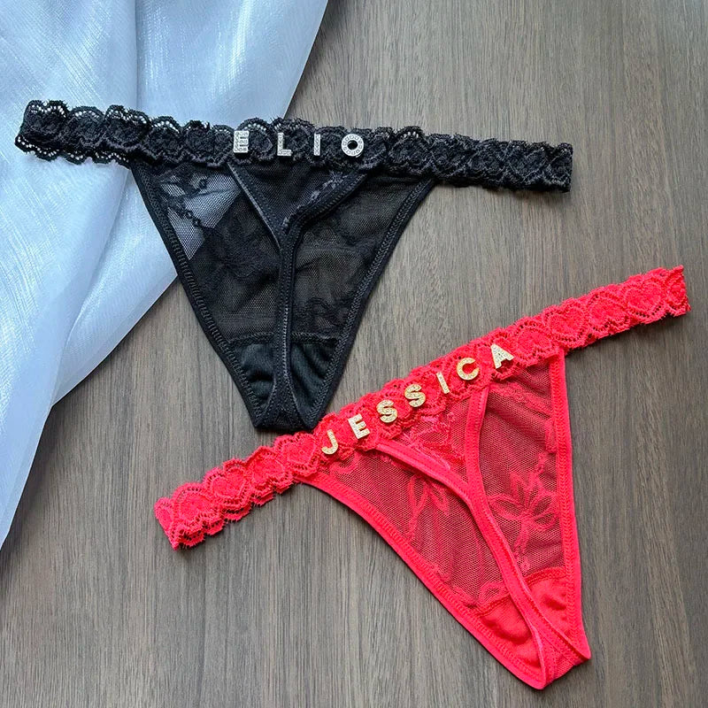 String en dentelle avec nom personnalisé, culotte de bikini avec lettre en cristal, string, slip taille basse, bijoux de corps sexy, cadeau chaud pour femme