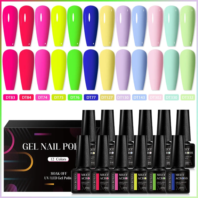 MEET ACROSS-Kit de vernis à ongles gel UV semi-continu, vernis à ongles avec boîte, vernis à tremper, manucure, 7ml, 12 pièces par ensemble