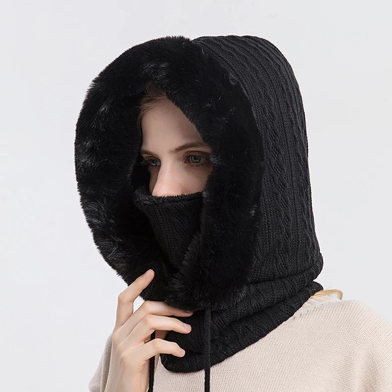 Ensemble cagoule à capuche avec masque en fourrure pour femme, bonnets moelleux en peluche, chapeau coupe-vent, bonnet de ski chaud, hiver