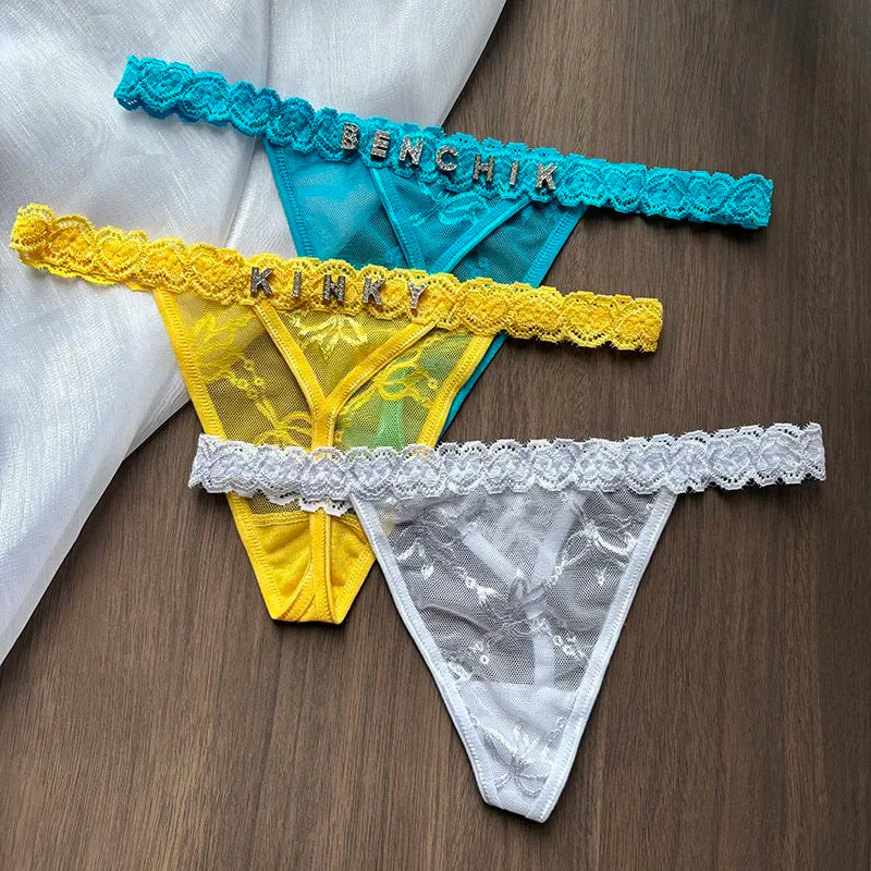 String en dentelle avec nom personnalisé, culotte de bikini avec lettre en cristal, string, slip taille basse, bijoux de corps sexy, cadeau chaud pour femme