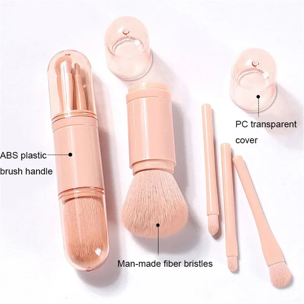 Ensemble de pinceaux de maquillage de voyage, 4 en 1, brosse Kabuki rétractable et 3 petits pinceaux pour les yeux, doux, petit, portable pour la retouche