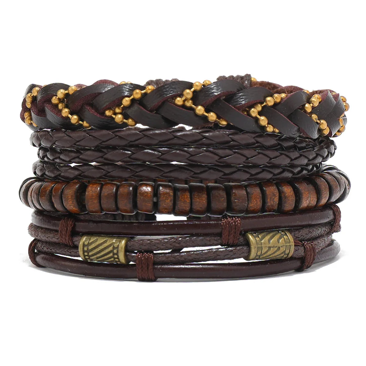 Bracelet en Cuir PU Tressé pour Homme, 3 Styles, Style Vintage, Perles en Bois, Mode Masculine, 6/4 Pièces