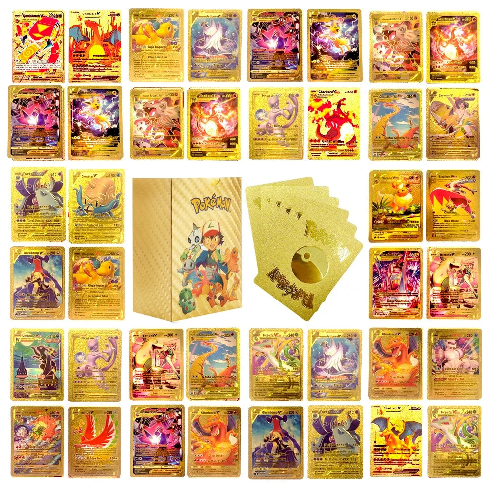 Cartes Pokémon couleur feuille d'or, cartes VMAX GX, anglais, français, espagnol, allemand, Pikachu, Charizard, Arc192., cadeau, 27-110 pièces