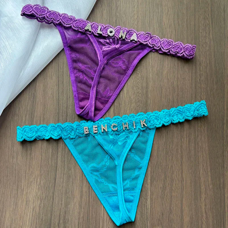 String en dentelle avec nom personnalisé, culotte de bikini avec lettre en cristal, string, slip taille basse, bijoux de corps sexy, cadeau chaud pour femme